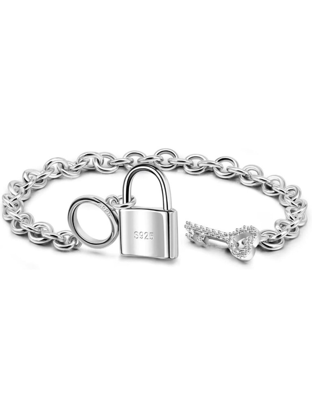 925 Sterling Silver Key Lock Pendant Bracelet - Fashionable Rolo Chain Bangle